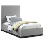 Meridian Furniture - Alfie Linen Textured Fabric Upholstered Bed, Gray, Twin - Give your bedroom a regal vibe when you add this Alfie linen textured fabric bed to the mix. The ultra tall headboard on this twin-size bed makes a bold impression from all angles and is covered in rich grey linen textured fabric that forms a pleasant contrast with the black finish solid wood base. The full flat design lets you easily use this bed without a box spring - a top mattress is all that's needed.