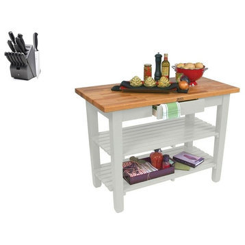 John Boos Oak Classic Country Table 48x25 and Henckels Knife Set, Alabaster, Two Shelves, No Drawer, No Casters