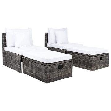 4 Piece Patio Set, Woven Frame With Inner Storage and Cushioned Seat, Grey Brown