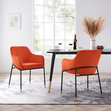 Dining Chair, Set of 2, Orange Black, Velvet, Modern Cafe Bistro Hospitality
