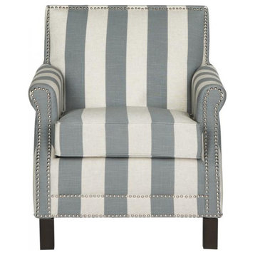 Jennifer Club Chair With Awning Stripes Silver Nail Heads Gray/White
