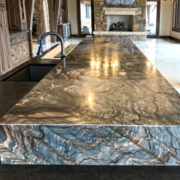 6cm Fusion Granite Kitchen Island, mirrored 6cm Mitred edge and waterfall edge