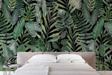 Inspiration pour une chambre design avec un sol noir et du papier peint.