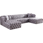 Meridian Furniture - Coco Velvet Upholstered 3pc. Sectional, Gray - Make room for the whole gang when you add this Coco velvet three-piece sectional to your living room, den or family room. This beautiful sectional features soft grey crushed velvet upholstery covering every surface for a look that's sumptuously affluent and elegant. Deep button tufting on the front, sides and back of this sectional sofa give it an upscale look while adding to its resilient form. Deep seats and a generous size make this sectional extra inviting for binge watching TV or taking long, restful naps.
