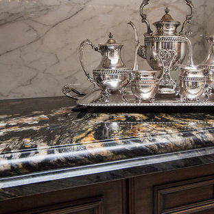 White Granite Tableware Bars mid sized elegant l shaped beige floor home bar photo in houston with an