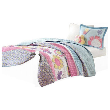 Mi Zone Kids Crazy Daisy Floral Coverlet Set, Blue Pink, Antimicrobial