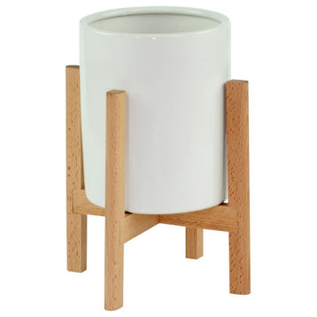 Small Ceramic Pot Cylinder Planter 6" White With Wood Plant Stand Natural Color