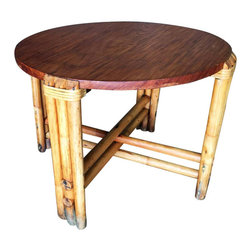 Restored Round Rustic Rattan Coffee Table with Mahogany Top - Coffee Tables