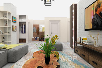 Стильный дизайн: гостиная комната в скандинавском стиле с белыми стенами и телевизором на стене - последний тренд