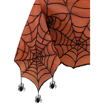 Crawling Halloween Spider Lace Lined Tablecloth, Black/Orange, 60"x84" Oblong