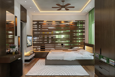 Example of a mid-sized minimalist master vinyl floor and brown floor bedroom design in Other with white walls