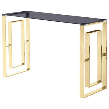 Bowery Hill Farmhouse Stainless Steel and Smoked Glass Console Table in Gold