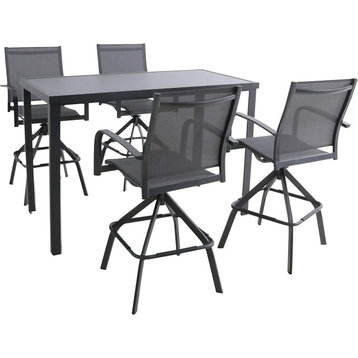 5 Pieces Patio Dining Set, Glass Top Table & 4 Swiveling Sling Bar Stools, Gray