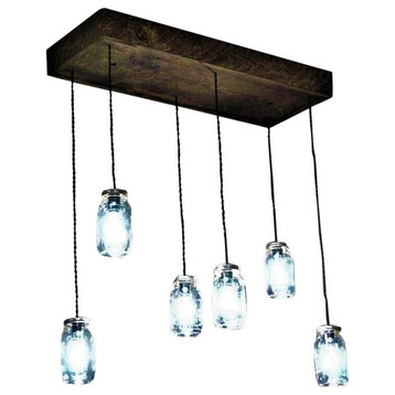 Custom Rectangular Reclaimed Wood Mason Jar Ceiling Lights with 6 Pendants
