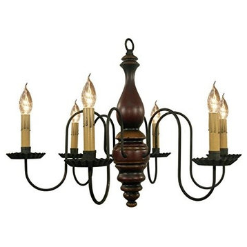 6 Arm Wooden Country Chandelier 24", Barn Red on Black With Mustard Trim