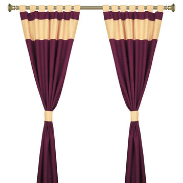 Maroon Gold Tab Top Raw Silk Curtain (43 in. x 63 in.) With Tieback -Pair