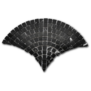 Nero Marquina Black Marble Fish Scale Scallop Fan Mosaic Tile Honed, 1 sheet