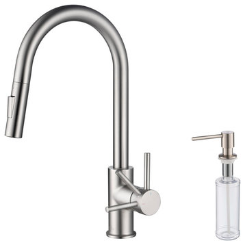 Brass Single Handle Pull Out Kitchen Faucet, Brush Nickel W/ Soap Dispenser