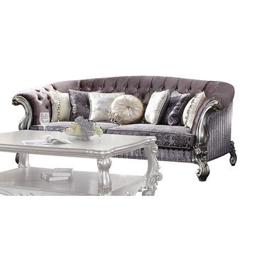 ACME Versailles Sofa With 7 Pillows, Velvet and Antique Platinum