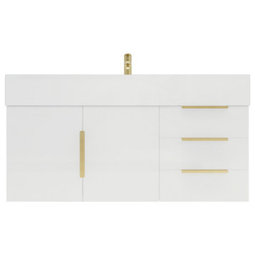Madison 42" Wall Mounted Vanity with Reinforced Acrylic Sink/Right Drawers, High Gloss White