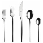 Mepra - Due Flatware Set, Mirror, 5 Pcs. - The Due collection by Mepra is flatware that exudes luxury as a lifestyle. Its cool, minimal, style is inspired by influential designers like Angelo Mangiarotti and exalted through generations of tradition, technique and superb materials. They're quite practical, too. The metal undergoes a titanium-based molecular embedding process that makes for dishwasher-safe utensils that won't corrode, oxidize or stain.