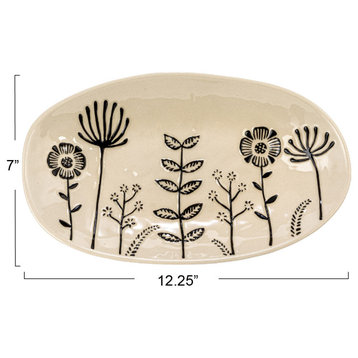12.25 Inches Stoneware Floral Plate, Cream and Black, Set of 4