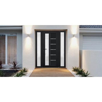 Front Exterior Prehung Door Frosted Glass / Manux 8088 Black, 60" Incl. 2 Sides X 80"; Right in