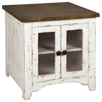 Two Tone Wooden End Table With Metal Grill Cabinet, Brown And White