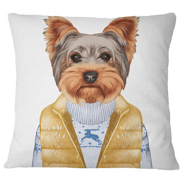 Terrier in Down Vest and Sweater Animal Throw Pillow, 18"x18"
