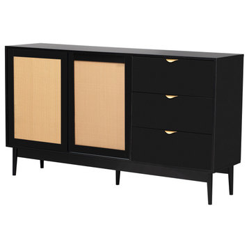 Featured Two-door Storage Cabinet With Three Drawers, Black