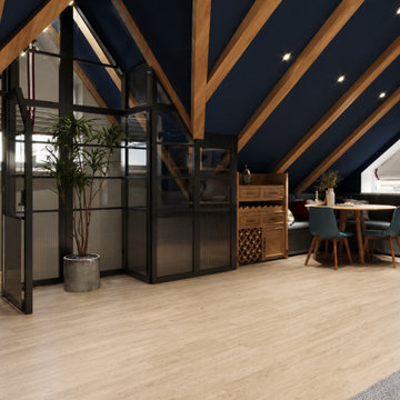 Navy Blue Attic Family Room with Exposed Wood Beams