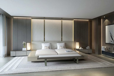 Modelo de dormitorio principal contemporáneo grande con paredes marrones