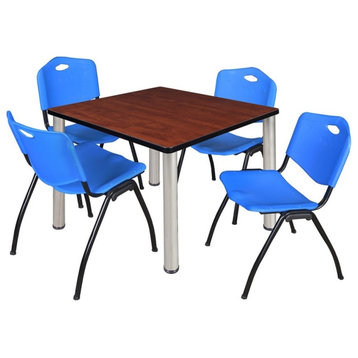 Kee 36" Square Breakroom Table, Cherry, Chrome and 4 'M' Stack Chairs, Blue