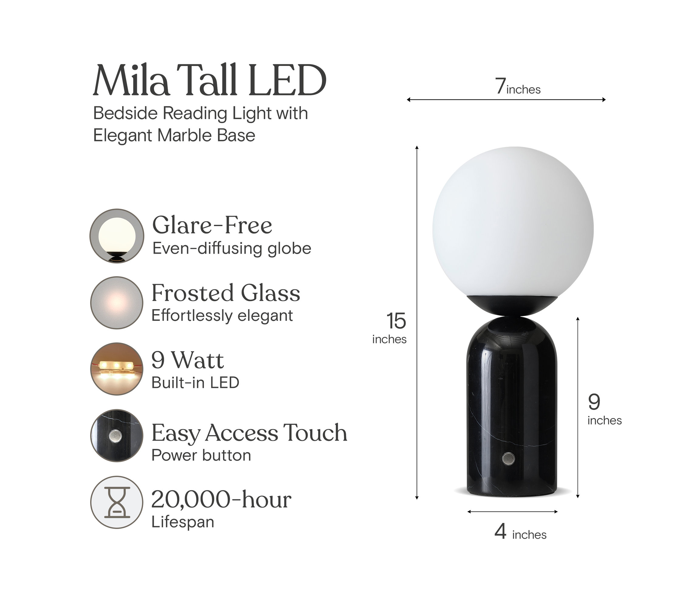Brightech Mila Tall Table Lamp Glass Globe Shade Marble Base ...