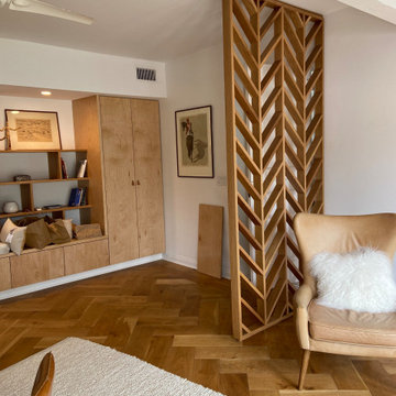 Custom-made library, and wood paneling