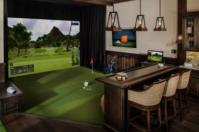 Inspiration for a large timeless dark wood floor and brown floor seated home bar remodel in Orlando with recessed-panel cabinets, dark wood cabinets, multicolored backsplash, quartz countertops and quartz backsplash