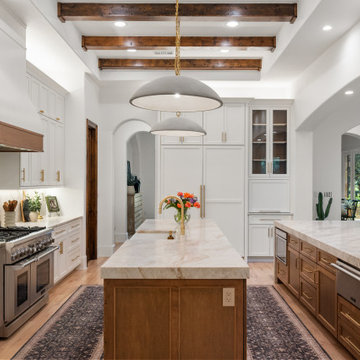 Transitional Chef’s Kitchen with White Shaker Cabinetry, Taj Mahal Quartzite Sla