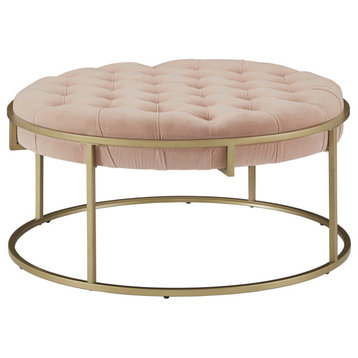Elegant Ottoman, Golden Base & Round Button Tufted Velvet Seat, Blush Pink