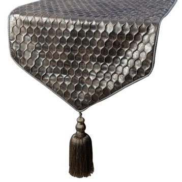 Decorative Table Runner Silver Satin 14"x120", Foil Beehive Tassels, Hive Wave