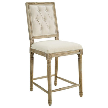 French Country Counter Stool, Rustic Brown Elm Frame & Square Button Tufted Back