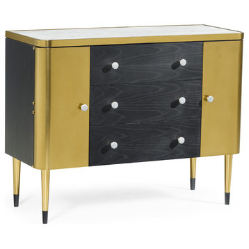 Ebonised Oak And Brass Storage Cabinet With White Calacatta Marble Top