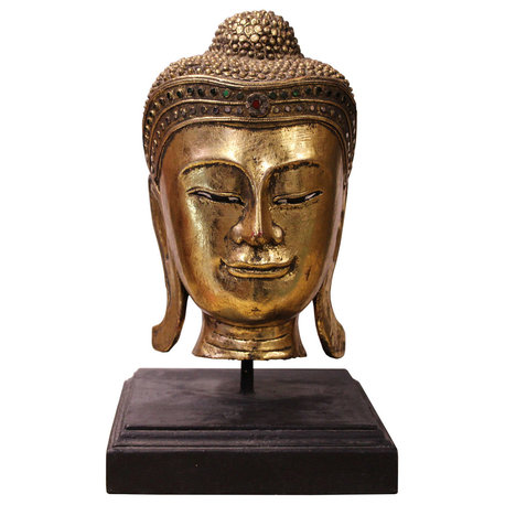 Handcrafted Wood Gold Color Serene Peaceful Meditate Buddha Head On Stand hn271