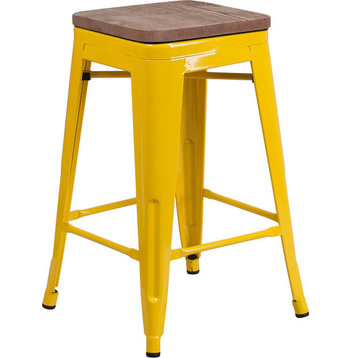 24" High Backless Yellow Metal Counter Height Stool With Square Wood Seat