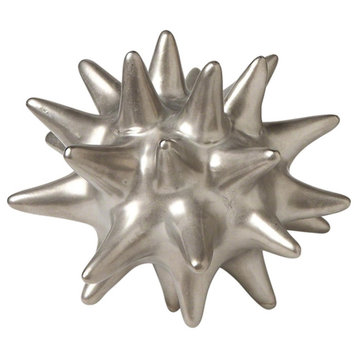 Luxe Matte Silver Spiked Ceramic Ball 5.5" Sea Urchin Decorative Sculpture