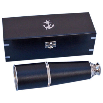 Admiral's Leather Spyglass Telescope With Black Rosewood Box, Chrome, 27"