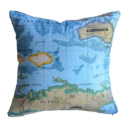 KH Window Fashions, Inc. - 18"x18" Old-Fashioned World Atlas Map Pillow, Blue, Without Insert - Decorative Pillows