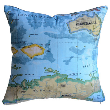 18"x18" Old-Fashioned World Atlas Map Pillow, Blue, Without Insert