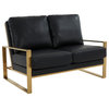 LeisureMod Jefferson Faux Leather Design Loveseat With Gold Frame Black