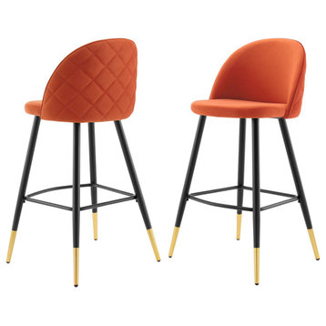 Bar Stool Chair Barstool, Set of 2, Velvet, Metal, Orange, Modern, Bar Pub
