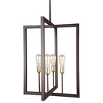 Visual Comfort Studio Collection - Feiss 4-Light Chandelier - The Feiss Finnegan four light single tier chandelier in new world bronze provides abundant light to your home, while adding style and interest. Inspired by classic lanterns, the clean, geometric silhouette of the transitional Finnegan chandelier collection by Feiss features exquisite metal work and marries two new, contrasting finishes. The square tubing of the open frame in a New World Bronze finish is in dramatic contrast to the new Burnished Brass finish of the socket cups, which brighten and bring life to this mixed-material collection. This design will perfectly complement a wide range of decor from urban, eclectic loft spaces to clean, contemporary interpretations of Colonial or nautical decor to rich, European inspired space. This updated take on a classic lantern lighting collection includes a four-light, square chandelier, four-light tall foyer chandelier, seven-light linear chandelier, five-light linear chandelier, one-light mini-pendant light and a one-light wall sconce. The one-light wall sconce is Damp Rated.